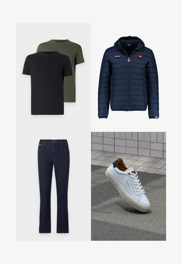 Tumedat sinised puffer jakk kapuutsiga, lukuga suletav, kanalite õmblustega ning logo aktsentidega rinnal ja varrukal. Pehme, tekstuuriga kangas.; Kaks ümarate kaelustega t-särki mustas ja oliivrohelises värvuses, valmistatud pehmest puuvillakangast. Kujundus on lihtne, lühikeste varrukatega ja sirge lõikega.; Tumed sinised teksad sirge säärega, millel on oranž õmblus, viis taskut ja nööpkinnitus vöökoht.; Valge nahast tennis, millel on tumesinine konts, ümmargune nina ja kontrastsed pruuni aktsendid. Omab lamepaelti ja tekstureeritud kummist tallat.