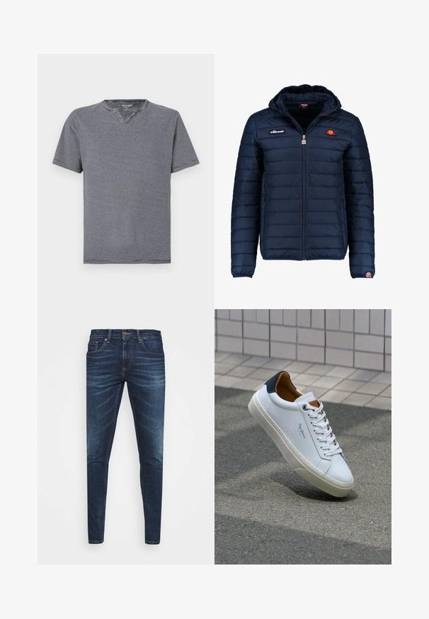 Temno modra napihnjena jakna s kapuco, z zadrgo, kanalnim šivom in logotipom na prsih in rokavu. Mehka, teksturirana tkanina.; Kratka majica s kratkimi rokavi, mornarsko modra in bela črtasta, z zaobljenim izrezom in dvema gumboma, izdelana iz mehkega bombažnega materiala.; Temno modri kavbojke ozkega kroja, s subtilnim bledenjem, petimi žepi in kovinskim zapiranjem na gumb. Oštrikanje z akcenti v kontrastni barvi.; Beli usnjeni čevelj s plavo peto, okrogelimi prsti in kontrastnimi rjavimi detajli. Ima ravne vezalke in teksturiran gumijast podplat.