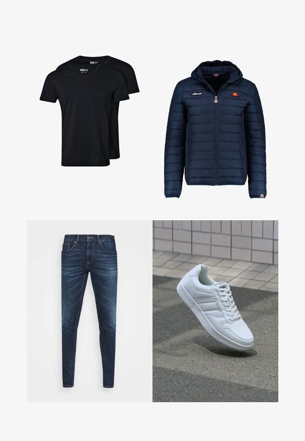 Granatowa kurtka puchowa z kapturem, zapinana na zamek, z przeszyciami w kształcie kanałów oraz akcentami loga na piersi i rękawie. Miękka, teksturowana tkanina.; Czarne t-shirty z dekoltem w serek wykonane z mieszanki bawełny. Krótkie rękawy, luźny krój i gładka tekstura. Zestaw zawiera dwie koszulki.; Granatowe dżinsy o slim fit, delikatnym wyblaknięciu, pięciu kieszeniach i metalowym zapięciem. Haftowane akcenty w kontrastowym kolorze.; Białe sportowe trampki z gładkiej skóry, z zapięciem na sznurowadła, perforowanym noskiem i wzorzystą podeszwą. Minimalistyczny design z trzema paskami po bokach.