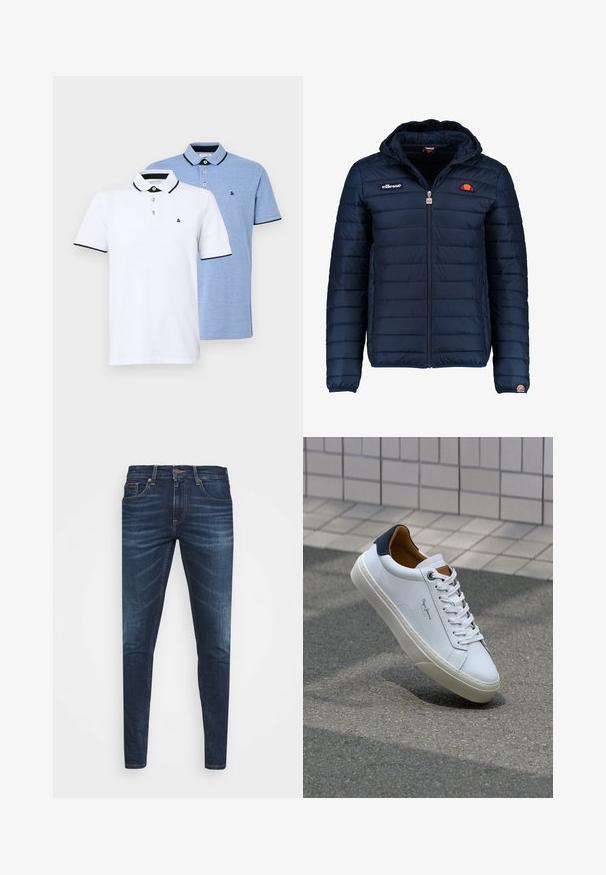Tums zilā puffer jaka ar kapuci, rāvējslēdzēja aizdare, kanālu šuvēm un logotipa akcentiem uz krūtīm un piedurknēm. Mīksta, teksturēta auduma.; Divi polo krekli: viens balts ar melniem akcentiem, otrs gaiši zils melnā toņkārtā. Katram ir apkakle un divu pogu aizdare ar logo.; Tumši zili džinsi ar šauru piegriezumu, ar vieglu izbalēšanu, piecām kabatām un metalizētu pogu aizdari. Šuvju akcenti kontrastējošā krāsā.; Baltas ādas čības ar tumši zilu papēdi, apaļu purngalu un kontrastējošām brūnām detaļām. Aprīkotas ar plakanu auklu un struktūrētu gumijas zoli.