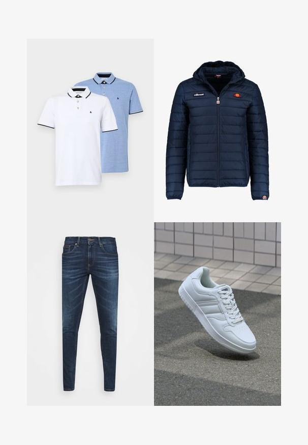 Veste matelassée bleu marine avec capuche, fermeture zippée, coutures en canaux et accents de logo sur la poitrine et la manche. Tissu doux et texturé.; Deux polos : l'un blanc avec des accents noirs, l'autre bleu clair chiné. Chacun possède un col et une patte de boutonnage à deux boutons avec un logo.; Jean en denim bleu foncé avec une coupe slim, décoloration subtile, cinq poches et une fermeture à bouton en métal. Accents cousus dans une couleur contrastante.; Baskets blanches de sport avec une tige en cuir lisse, un laçage à l'avant, une pointe perforée et une semelle à motifs. Design minimaliste avec trois bandes latérales.