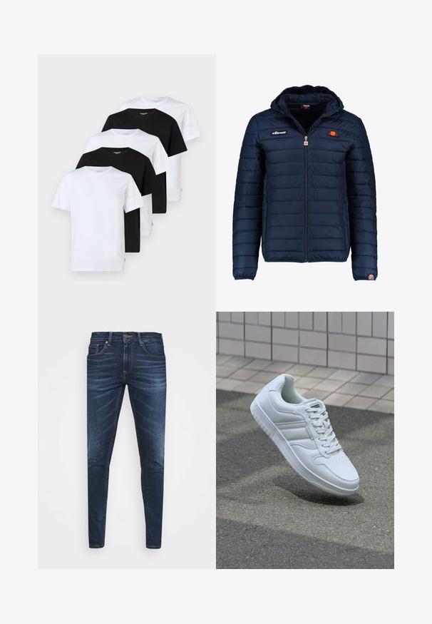 Tumedat sinised puffer jakk kapuutsiga, lukuga suletav, kanalite õmblustega ning logo aktsentidega rinnal ja varrukal. Pehme, tekstuuriga kangas.; Viis lühikeste varrukatega t-särki: kaks valget ja kolm musta. Kõik on puuvillast, disainitud ümmarguse kaeluse ja tavapärase lõikega.; Tumedat sinised teksad kitsas lõikes, kerge kulumisega, viie taskuga ja metallnööbiga sulgemine. Õmmeldud aktsendid kontrastsetes värvides.; Valge spordijalanõud silederja nahkvarrega, ninast paeltega, perforatsiooni tõttu ventilatsiooniga ning mustrilise tallaga. Minimalistlik disain, millel on kolm külgmist triipu.