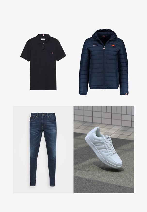 Marineblå puffjakke med hette, glidelås, kanalsøm og logoaksenter på brystet og ermet. Mykt, teksturert stoff.; Svart polo skjorte laget av teksturert stoff, med en tre-knapp placket, korte ermer og en liten lomme med rød, hvit og blå aksent.; Mørkeblå denimjeans med smal passform, subtil falming, fem lommer og metallknaplukking. Sømmer i kontrastfarge.; Hvit atletisk sneaker med glatt skinnoverside, snøring foran, perforert tå og mønstrets såle. Minimalistisk design med tre side-striper.