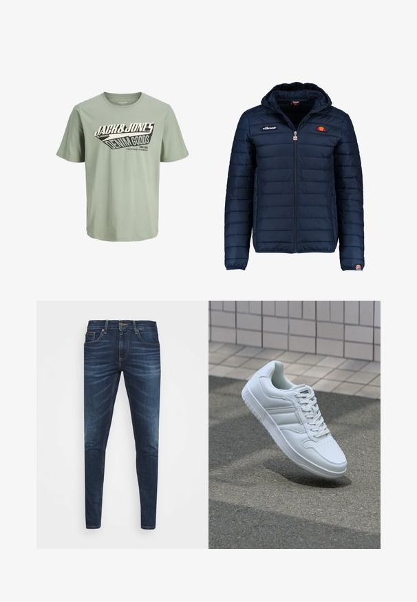 Tamsiai mėlynas pūkinis švarkas su gobtuvu, užtrauktuku, kanalų siuvimu ir logotipo akcentais krūtinėje bei rankovėje. Minkšta, tekstūruota medžiaga.; Šviesiai žalia medvilninė marškinėlių su juodai baltu grafiniu dizainu, kuriame yra tekstas. Apvalus kaklas, trumpomis rankovėmis ir tiesiu apdaila.; Tamsiai mėlynos džinsinės kelnės su liesu siluetu, subtiliu nusidėvėjimu, penkiomis kišenėmis ir metaliniu mygtuku užsegimui. Įsiūtos akcentai kontrastinga spalva.; Baltos sportinės kedai su lygaus odos viršumi, raišteliais priekyje, perforuotu kojų pirštu ir raštuotu padu. Minimalistinis dizainas su trimis šoninėmis juostelėmis.