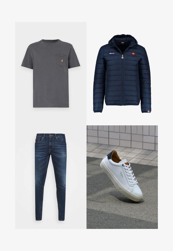 Marineblauwe gewatteerde jas met een capuchon, ritsluiting, kanalenstiksel en logoaccenten op de borst en mouw. Zachte, gestructureerde stof.; Grijze katoenen T-shirt met korte mouwen, ronde hals en een zak met een klein gouden logo aan de linkerkant. Glad fabricagetexture.; Donkerblauwe denim jeans met een slim fit, subtiele vervaging, vijf zakken en een metalen knoopsluiting. Gestikte accenten in contrasterende kleur.; Witte leren sneaker met een marineblauwe hiel, ronde neus en contrasterende bruin accent. Beschikt over platte veters en een gestructureerde rubberen zool.