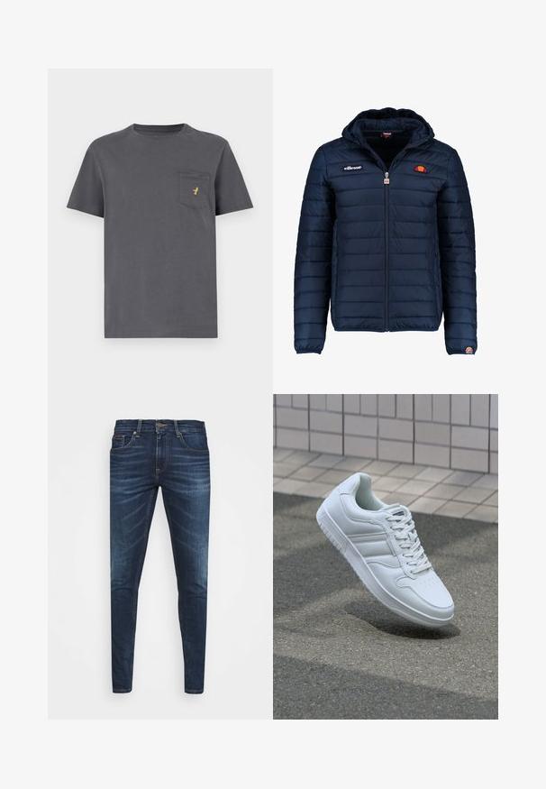 Námořnická modrá péřová bunda s kapucí, zipovým zapínáním, prošívaným vzorem a logem na hrudi a rukávu. Měkká, texturovaná látka.; Šedé bavlněné tričko s krátkým rukávem, kulatým výstřihem a kapsou, na které se nachází malé zlaté logo na levé straně. Hladká textilie.; Tmavě modré džíny z denimu s úzkým střihem, jemným vyblednutím, pěti kapsami a kovovým zapínáním na knoflík. Šité akcenty v kontrastní barvě.; Bílé sportovní tenisky s hladkým koženým svrškem, šněrovacím předním dílem, perforovanou špičkou a vzorovanou podrážkou. Minimalistický design se třemi bočními pruhy.