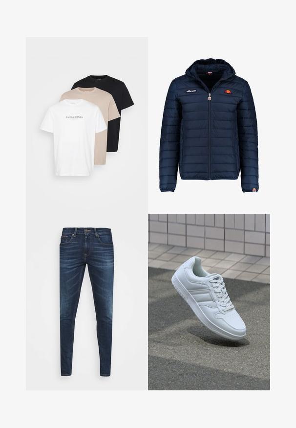 Dunkelblaue Daunenjacke mit Kapuze, Reißverschluss, Kastensteppnähten und Logo-Akzenten auf der Brust und dem Ärmel. Weicher, strukturierter Stoff.; Drei T-Shirts übereinander gestapelt: weiß mit Logo, beige und schwarz. Aus Baumwolle gefertigt, mit Rundhalsausschnitt, kurzen Ärmeln und klassischer Passform.; Dunkelblaue Jeans im Slim Fit mit subtiler Verwaschung, fünf Taschen und einem Metallknopfverschluss. Genähte Akzente in kontrastierender Farbe.; Weiße sportliche Sneaker mit Obermaterial aus glattem Leder, Schnürfront, durchlöchtem Zehenbereich und gemusterter Sohle. Minimalistisches Design mit drei Seitenstreifen.