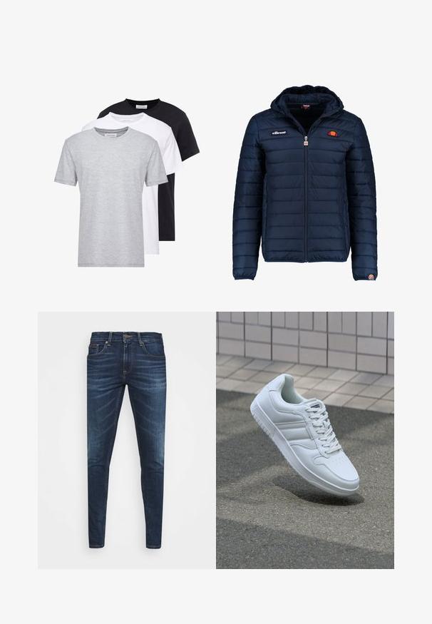 Tengerészkék puffos dzseki kapucnival, cipzáras záródással, csatorna varrással, és logóval díszített mellkassal és ujjakkal. Puha, texturált anyag.; Három kereknyakú póló szürke, fehér és fekete színben, rövid ujjakkal, puha anyagból és egyenes vonalvezetésű fazonban.; Sötétkék farmernadrág, testhezálló fazonnal, finom áttűnéssel, öt zsebbel és fémből készült gombzárral. Kontrasztos színű varrási díszítések.; Fehér sportcipő sima bőr felsőrésszel, fűzős elülettel, perforált orral és mintázott talppal. Minimalista dizájn három oldalsávval.
