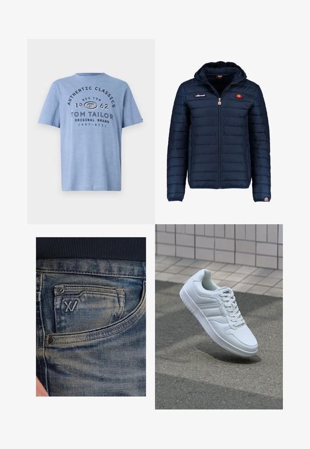 Námornícky modrá prešívaná bunda s kapucňou, zipsom, kanálovým prešívaním a logovými akcentmi na hrudi a rukáve. Mäkkučká, textúrovaná tkanina.; Svetlomodré tričko s krátkymi rukávmi vyrobené z mäkkého materiálu. Obsahuje čierny text s grafikou s nápisom "AUTENTICKÉ KLASIKY" a názvom značky. Jednoduchý dizajn.; Modré rifľové nohavice so svetlým efektom, vybavené mincovníkom a čiernym logom na prednej strane. Pás je z tmavomodrej rebrovanej tkaniny.; Biele atletické tenisky s hladkým koženým zvrškom, šnurovaním vpredu, perforovanou špičkou a vzorovanou podrážkou. Minimalistický dizajn s tromi bočnými pruhmi.