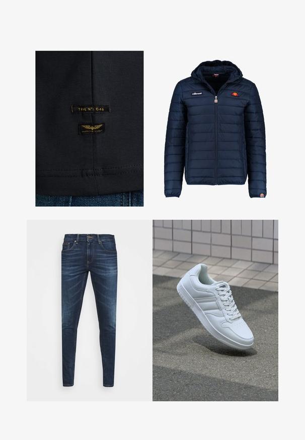 Námořnická modrá péřová bunda s kapucí, zipovým zapínáním, prošívaným vzorem a logem na hrudi a rukávu. Měkká, texturovaná látka.; Černé bavlněné tričko s hladkým povrchem. Obsahuje dvě etikety: "ČÍSLO TYPU: C-46" a "AMERICKÁ KLASIKA" na tmavém pozadí.; Tmavě modré džíny z denimu s úzkým střihem, jemným vyblednutím, pěti kapsami a kovovým zapínáním na knoflík. Šité akcenty v kontrastní barvě.; Bílé sportovní tenisky s hladkým koženým svrškem, šněrovacím předním dílem, perforovanou špičkou a vzorovanou podrážkou. Minimalistický design se třemi bočními pruhy.