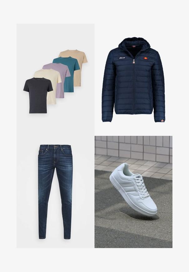 Tamsiai mėlynas pūkinis švarkas su gobtuvu, užtrauktuku, kanalų siuvimu ir logotipo akcentais krūtinėje bei rankovėje. Minkšta, tekstūruota medžiaga.; Penki trumpomis rankovėmis marškiniai tamsiai pilkos, kreminės, levandų, melsvai žalios ir smėlinės spalvų. Pagaminti iš minkštos medžiagos, su apvaliu kaklu ir standartiniu siluetu.; Tamsiai mėlynos džinsinės kelnės su liesu siluetu, subtiliu nusidėvėjimu, penkiomis kišenėmis ir metaliniu mygtuku užsegimui. Įsiūtos akcentai kontrastinga spalva.; Baltos sportinės kedai su lygaus odos viršumi, raišteliais priekyje, perforuotu kojų pirštu ir raštuotu padu. Minimalistinis dizainas su trimis šoninėmis juostelėmis.