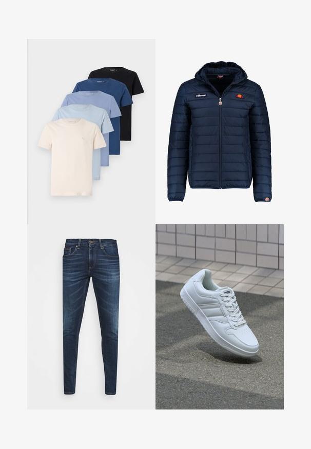 Dunkelblaue Daunenjacke mit Kapuze, Reißverschluss, Kastensteppnähten und Logo-Akzenten auf der Brust und dem Ärmel. Weicher, strukturierter Stoff.; Kollektion von fünf Rundhalsausschnitt-T-Shirts in Cremetönen, Hellblau, Dunkelblau und Schwarz, aus weichem Baumwollmaterial, mit schlichtem Design.; Dunkelblaue Jeans im Slim Fit mit subtiler Verwaschung, fünf Taschen und einem Metallknopfverschluss. Genähte Akzente in kontrastierender Farbe.; Weiße sportliche Sneaker mit Obermaterial aus glattem Leder, Schnürfront, durchlöchtem Zehenbereich und gemusterter Sohle. Minimalistisches Design mit drei Seitenstreifen.