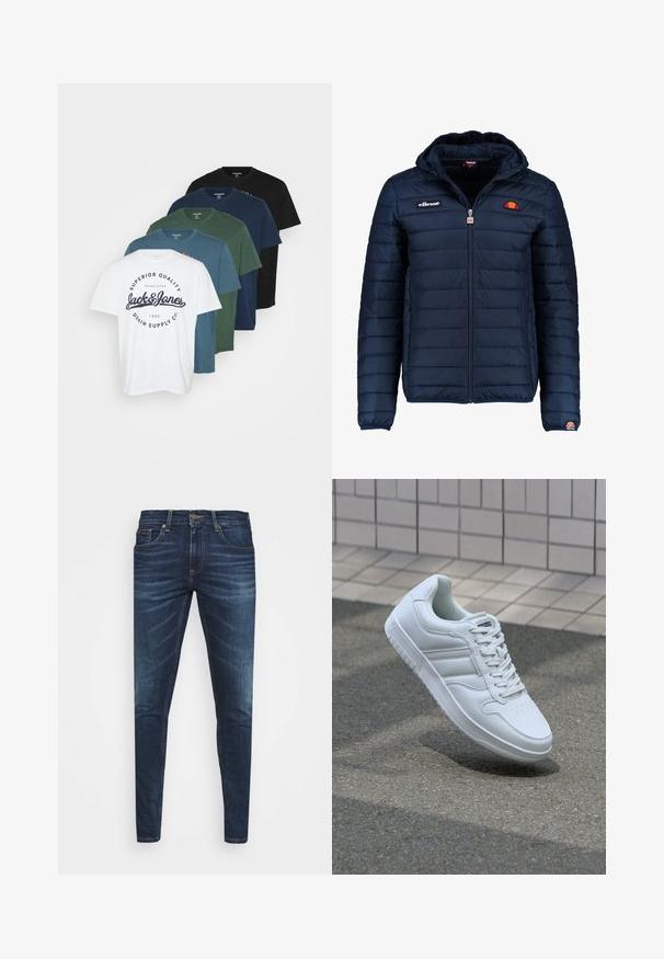 Marineblå puffjakke med hette, glidelås, kanalsøm og logoaksenter på brystet og ermet. Mykt, teksturert stoff.; Sett med fem bomulls t-skjorter i forskjellige farger: hvit, mørkegrønn, marineblå, teal og svart. Inkluderer en logo på den hvite skjorten.; Mørkeblå denimjeans med smal passform, subtil falming, fem lommer og metallknaplukking. Sømmer i kontrastfarge.; Hvit atletisk sneaker med glatt skinnoverside, snøring foran, perforert tå og mønstrets såle. Minimalistisk design med tre side-striper.