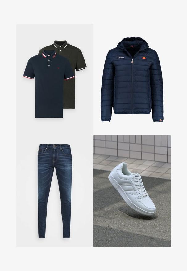 Námornícky modrá prešívaná bunda s kapucňou, zipsom, kanálovým prešívaním a logovými akcentmi na hrudi a rukáve. Mäkkučká, textúrovaná tkanina.; Dvoje polo tričiek: jedno námornícke modré s červeným a bielym prúžkovaným golierom; druhé tmavozelené s pevným golierom. Obe majú tri gombíky a krátke rukávy.; Tmavomodré džíny s úzkym strihom, jemným opotrebovaním, piatimi vreckami a kovovým zapínaním. Šité akcenty v kontrastnej farbe.; Biele atletické tenisky s hladkým koženým zvrškom, šnurovaním vpredu, perforovanou špičkou a vzorovanou podrážkou. Minimalistický dizajn s tromi bočnými pruhmi.