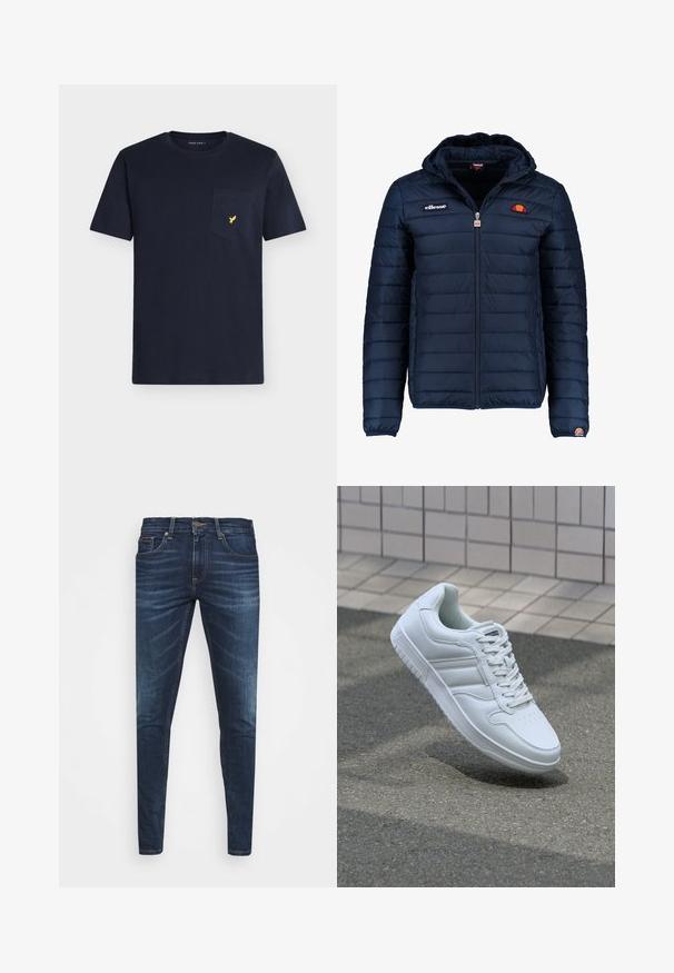 Marineblå puffjakke med hette, glidelås, kanalsøm og logoaksenter på brystet og ermet. Mykt, teksturert stoff.; Marineblå bomulls-T-skjorte med rund hals, korte ermer og en brystlomme med en liten gul fuglelogo.; Mørkeblå denimjeans med smal passform, subtil falming, fem lommer og metallknaplukking. Sømmer i kontrastfarge.; Hvit atletisk sneaker med glatt skinnoverside, snøring foran, perforert tå og mønstrets såle. Minimalistisk design med tre side-striper.
