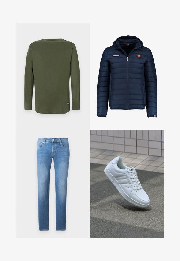 Tumedat sinised puffer jakk kapuutsiga, lukuga suletav, kanalite õmblustega ning logo aktsentidega rinnal ja varrukal. Pehme, tekstuuriga kangas.; Pika varrukatega, oliivroheline ümmarguse kaelusega särk, mille alumise serva lähedal on väike must silt, valgel taustal.; Heledad hallikad denimpüksid sirge jalaga lõikega, millel on nööp ja tõmblukk, viis taskut ning kerge tuhmumine.; Valge spordijalanõud silederja nahkvarrega, ninast paeltega, perforatsiooni tõttu ventilatsiooniga ning mustrilise tallaga. Minimalistlik disain, millel on kolm külgmist triipu.