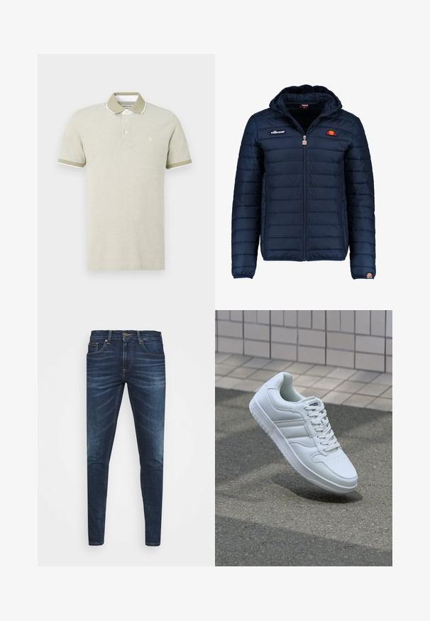 Dunkelblaue Daunenjacke mit Kapuze, Reißverschluss, Kastensteppnähten und Logo-Akzenten auf der Brust und dem Ärmel. Weicher, strukturierter Stoff.; Hellbeige Poloshirt aus Baumwolle. Hat einen Kragen, eine Dreiknopf-Leiste und kontrastierende grüne Ärmel mit weißem Saum.; Dunkelblaue Jeans im Slim Fit mit subtiler Verwaschung, fünf Taschen und einem Metallknopfverschluss. Genähte Akzente in kontrastierender Farbe.; Weiße sportliche Sneaker mit Obermaterial aus glattem Leder, Schnürfront, durchlöchtem Zehenbereich und gemusterter Sohle. Minimalistisches Design mit drei Seitenstreifen.