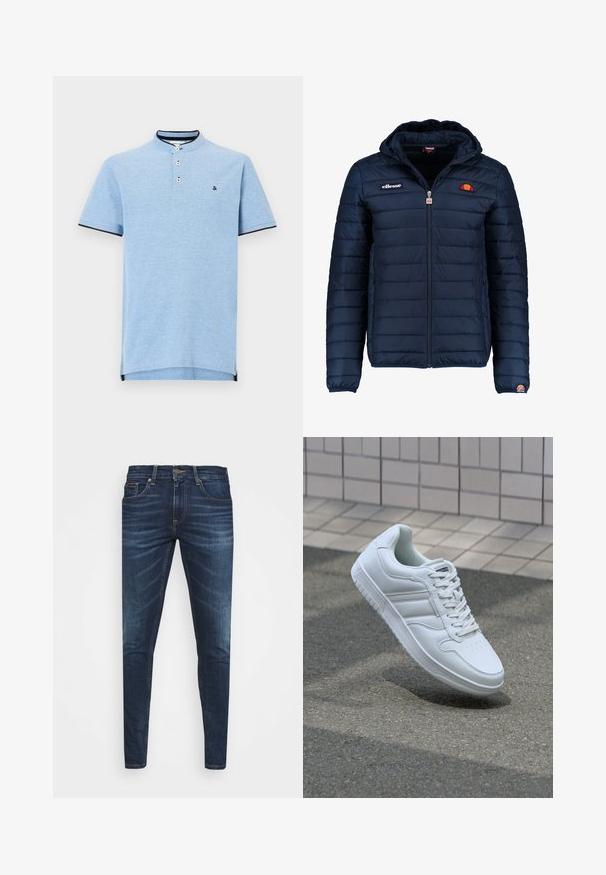 Tamsiai mėlynas pūkinis švarkas su gobtuvu, užtrauktuku, kanalų siuvimu ir logotipo akcentais krūtinėje bei rankovėje. Minkšta, tekstūruota medžiaga.; Šviesiai mėlynas polo marškinėliai su aukštu apykakle, dviem mygtukais, ir tamsiai mėlynu apdaila ant rankovių ir apačios. Minkšta tekstūra ir minimalus logotipo detalizavimas.; Tamsiai mėlynos džinsinės kelnės su liesu siluetu, subtiliu nusidėvėjimu, penkiomis kišenėmis ir metaliniu mygtuku užsegimui. Įsiūtos akcentai kontrastinga spalva.; Baltos sportinės kedai su lygaus odos viršumi, raišteliais priekyje, perforuotu kojų pirštu ir raštuotu padu. Minimalistinis dizainas su trimis šoninėmis juostelėmis.