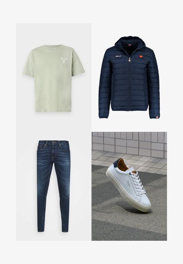 Navy blue puffer jacket with a hood, zip closure, channel stitching, and logo accents on the chest and sleeve. Soft, textured fabric.; Light green cotton t-shirt with short sleeves, featuring the text "Palm Coast" and a sun graphic in white on the front.; Dark blue denim jeans with a slim fit, subtle fade, five pockets, and a metal button closure. Stitched accents in contrasting color.; White leather sneaker with a navy heel, round toe, and contrasting brown accents. Features flat laces and textured rubber sole.