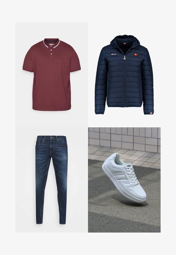 Mørkeblå puffjakke med hætte, lynlåslukning, kanalstyret syning og logo-detaljer på brystet og ærmet. Blødt, struktureret stof.; Bordeaux polo-shirt lavet af bomuld, med en klassisk krave, tre-knaps lukning, hvide detaljer på kraven og ærmerne, samt et logo på brystet.; Mørkeblå denim jeans med slim fit, subtil falming, fem lommer og metalknaplukning. Syede detaljer i kontrastfarve.; Hvide atletiske sneakers med glat læderoverdel, snørelukning foran, perforeret tå og mønstret sål. Minimalistisk design med tre sidelister.