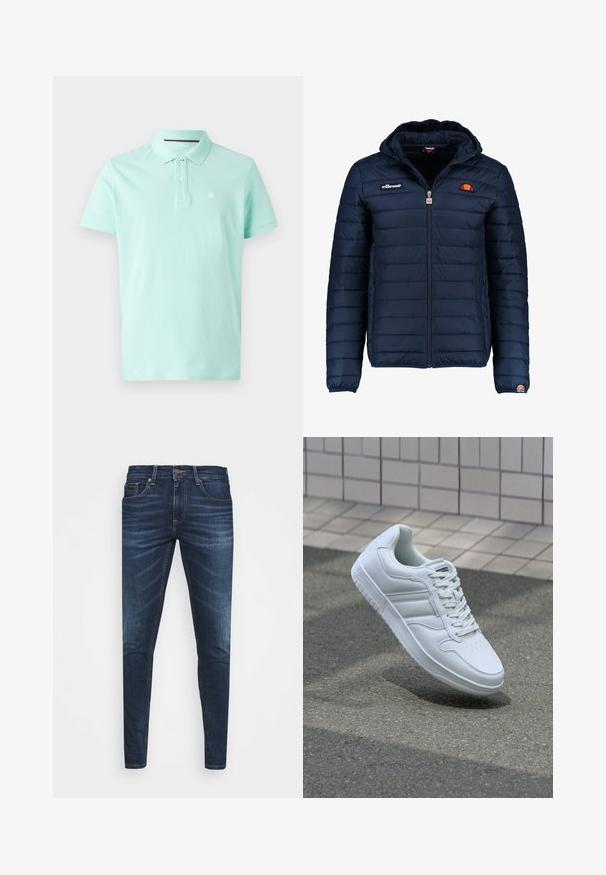 Mørkeblå puffjakke med hætte, lynlåslukning, kanalstyret syning og logo-detaljer på brystet og ærmet. Blødt, struktureret stof.; Lys mintgrøn polo t-shirt lavet af blød bomuld, med en klassisk krave, to-knap lukning og et lille logo på venstre bryst.; Mørkeblå denim jeans med slim fit, subtil falming, fem lommer og metalknaplukning. Syede detaljer i kontrastfarve.; Hvide atletiske sneakers med glat læderoverdel, snørelukning foran, perforeret tå og mønstret sål. Minimalistisk design med tre sidelister.