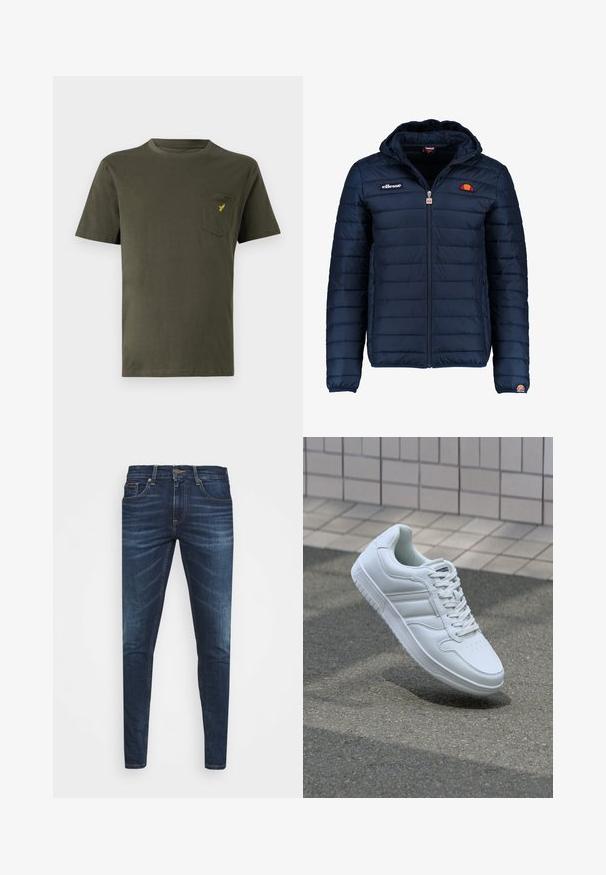 Navy blue puffer jacket with a hood, zip closure, channel stitching, and logo accents on the chest and sleeve. Soft, textured fabric.; Olive green cotton t-shirt with a crew neck, short sleeves, and a left chest pocket featuring a small yellow logo. Smooth texture.; Dark blue denim jeans with a slim fit, subtle fade, five pockets, and a metal button closure. Stitched accents in contrasting color.; White athletic sneaker with smooth leather upper, lace-up front, perforated toe, and patterned sole. Minimalist design with three side stripes.