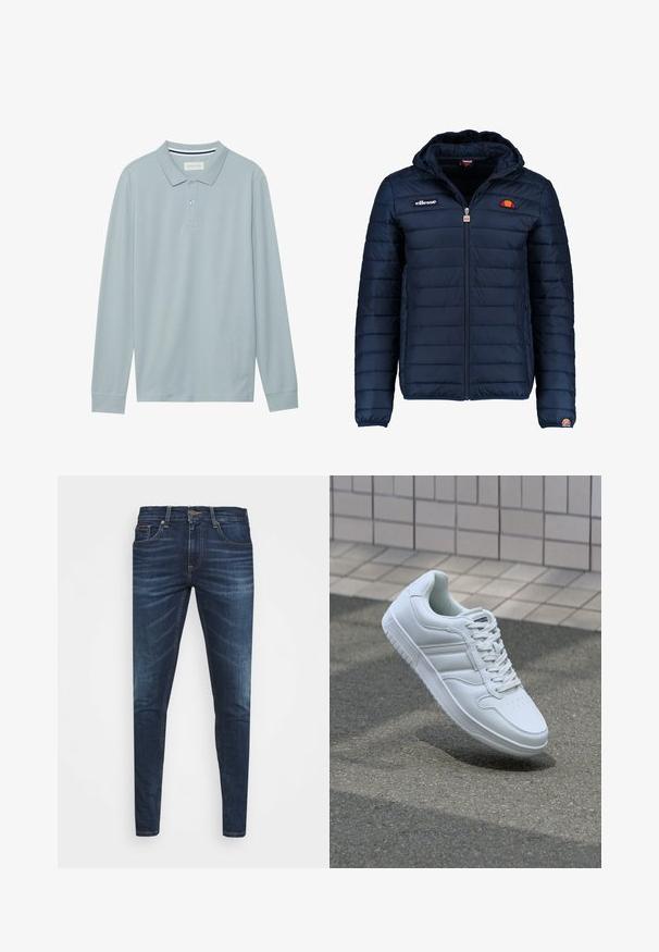 Tamsiai mėlynas pūkinis švarkas su gobtuvu, užtrauktuku, kanalų siuvimu ir logotipo akcentais krūtinėje bei rankovėje. Minkšta, tekstūruota medžiaga.; Šviesiai mėlynas ilgomis rankovėmis polo marškinėliai su plokščiu apykakle, trimis sagomis ir subtilia tekstūra. Su dryžuota vidine apykakle.; Tamsiai mėlynos džinsinės kelnės su liesu siluetu, subtiliu nusidėvėjimu, penkiomis kišenėmis ir metaliniu mygtuku užsegimui. Įsiūtos akcentai kontrastinga spalva.; Baltos sportinės kedai su lygaus odos viršumi, raišteliais priekyje, perforuotu kojų pirštu ir raštuotu padu. Minimalistinis dizainas su trimis šoninėmis juostelėmis.