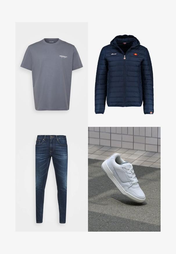 Námořnická modrá péřová bunda s kapucí, zipovým zapínáním, prošívaným vzorem a logem na hrudi a rukávu. Měkká, texturovaná látka.; Šedé bavlněné tričko s krátkými rukávy, kulatým výstřihem a malým bílým logem "ORIGINALS" na levém prsu. Hladký povrch, klasický střih.; Tmavě modré džíny z denimu s úzkým střihem, jemným vyblednutím, pěti kapsami a kovovým zapínáním na knoflík. Šité akcenty v kontrastní barvě.; Bílé kožené tenisky s perforovanými stranami, texturovanými detaily, plochými tkaničkami a kontrastní šedou patou. Mají mírně zvýšenou podrážku.