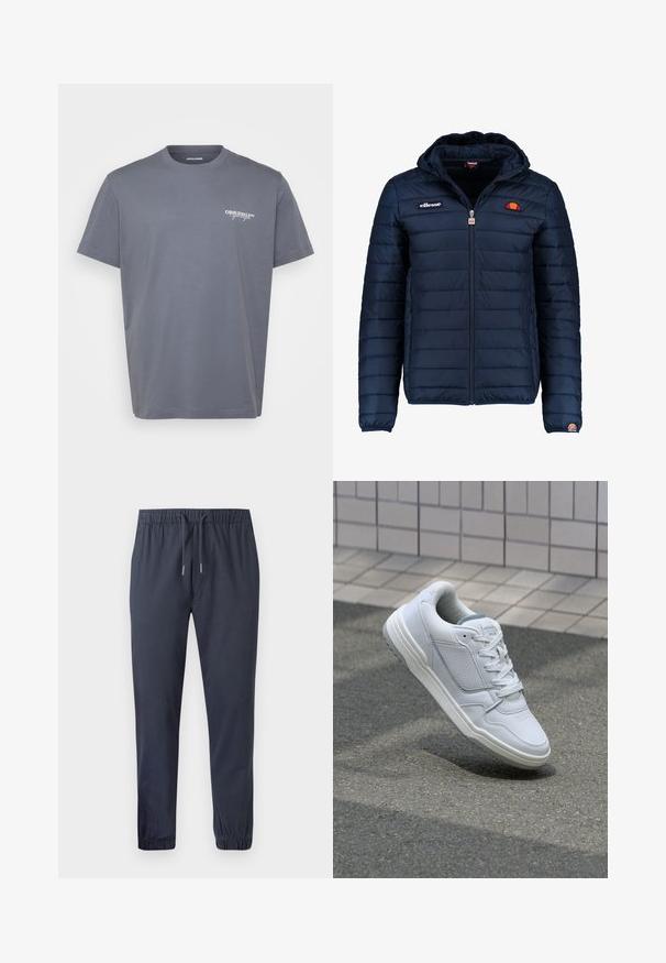 Tumedat sinised puffer jakk kapuutsiga, lukuga suletav, kanalite õmblustega ning logo aktsentidega rinnal ja varrukal. Pehme, tekstuuriga kangas.; Hallide hallh ticker lühikeste varrukatega, ümmarguse kaelusega ning vasakul rinnal on väike valge "ORIGINALS" logo. Sile tekstuur, klassikaline lõige.; Tumes sinine jogger-püksid elastse vöökoha, paelaga ja elastsete mansettidega, millel on sile ja kerge kangas.; Valge nahkne toss, millel on perforeeritud külgedega, tekstuuriga aktsendid, lame pael ja kontrastne hall konts. Omab veidi tõstetud tallat.