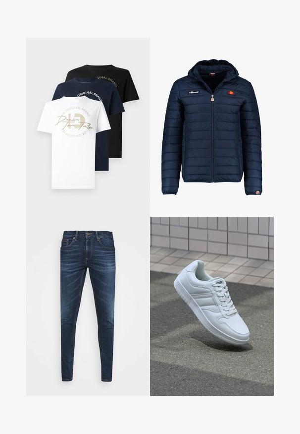 Jachetă puffer de culoare bleumarin, cu glugă, închidere cu fermoar, cusături în canale și detalii cu logo pe piept și pe mânecă. Material moale, texturat.; Trei tricouri cu guler rotund, de culoare albă, bleumarin și neagră din bumbac, având un logo grafic auriu pe tricoul alb și text într-un design circular.; Jeans din denim de culoare albastră închisă, cu o croială slim, ușor decolorate, cinci buzunare și închidere cu buton metalic. Detalii cusute în culori contrastante.; Adidași albi pentru sport cu superior din piele netedă, sistem de șireturi în față, vârf perforat și talpă cu model. Design minimalist cu trei dungi laterale.