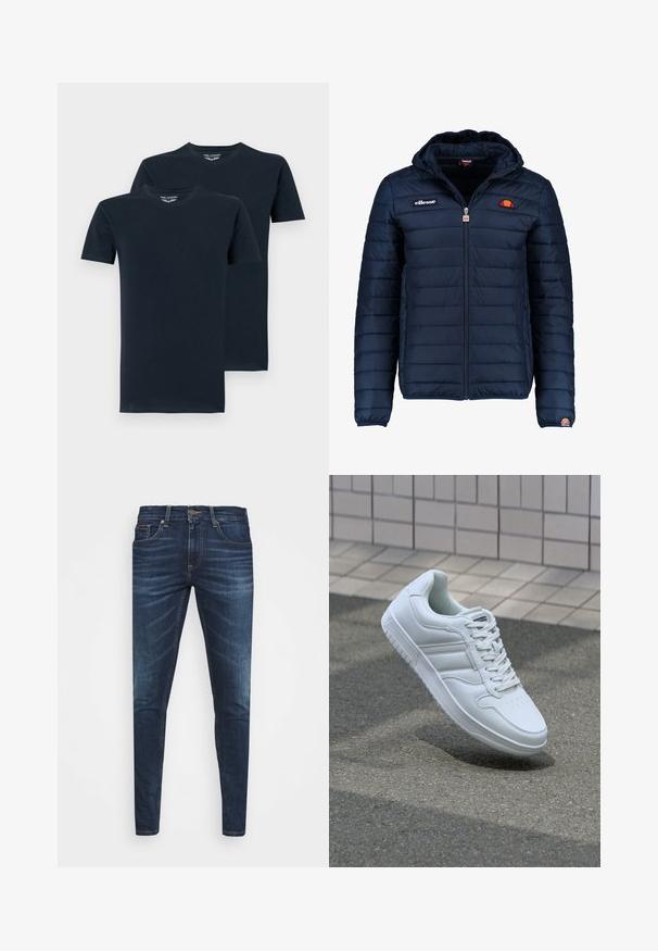 Námořnická modrá péřová bunda s kapucí, zipovým zapínáním, prošívaným vzorem a logem na hrudi a rukávu. Měkká, texturovaná látka.; Dvoje tmavě modrých triček s krátkým rukávem vyrobených z hladké bavlny, s kulatým výstřihem a jednoduchým, jednobarevným designem.; Tmavě modré džíny z denimu s úzkým střihem, jemným vyblednutím, pěti kapsami a kovovým zapínáním na knoflík. Šité akcenty v kontrastní barvě.; Bílé sportovní tenisky s hladkým koženým svrškem, šněrovacím předním dílem, perforovanou špičkou a vzorovanou podrážkou. Minimalistický design se třemi bočními pruhy.
