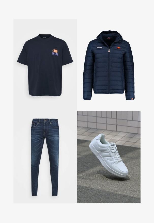 Tamsiai mėlynas pūkinis švarkas su gobtuvu, užtrauktuku, kanalų siuvimu ir logotipo akcentais krūtinėje bei rankovėje. Minkšta, tekstūruota medžiaga.; Juoda medvilninė marškinėlių su grafika, kurioje pavaizduotas saulė ir tekstas "SOLAR" oranžine ir purpurine spalvomis. Trumpomis rankovėmis, apvaliu iškirpimu, laisvas kirpimas.; Tamsiai mėlynos džinsinės kelnės su liesu siluetu, subtiliu nusidėvėjimu, penkiomis kišenėmis ir metaliniu mygtuku užsegimui. Įsiūtos akcentai kontrastinga spalva.; Baltos sportinės kedai su lygaus odos viršumi, raišteliais priekyje, perforuotu kojų pirštu ir raštuotu padu. Minimalistinis dizainas su trimis šoninėmis juostelėmis.