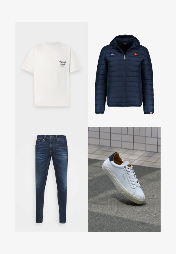 Námornícky modrá prešívaná bunda s kapucňou, zipsom, kanálovým prešívaním a logovými akcentmi na hrudi a rukáve. Mäkkučká, textúrovaná tkanina.; Biela bavlnená tričko s krátkymi rukávmi, s malým tlačeným logom tmavomodrej farby v oblasti ľavej hrude. Klasický dizajn s okrúhlym výstrihom.; Tmavomodré džíny s úzkym strihom, jemným opotrebovaním, piatimi vreckami a kovovým zapínaním. Šité akcenty v kontrastnej farbe.; Biele kožené tenisky s námorníckym opätkom, okrúhlou špičkou a kontrastnými hnedými akcentami. Majú ploché šnúrky a textúrovanú gumovú podrážku.