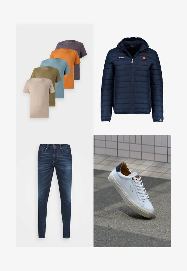 Tums zilā puffer jaka ar kapuci, rāvējslēdzēja aizdare, kanālu šuvēm un logotipa akcentiem uz krūtīm un piedurknēm. Mīksta, teksturēta auduma.; Pieci apkakles T-krekli izkārtoti rindā, piedāvājot bēšu, oliņzaļu, gaiši zilu, oranžu un tumši violetu krāsu. Gluda auduma tekstūra.; Tumši zili džinsi ar šauru piegriezumu, ar vieglu izbalēšanu, piecām kabatām un metalizētu pogu aizdari. Šuvju akcenti kontrastējošā krāsā.; Baltas ādas čības ar tumši zilu papēdi, apaļu purngalu un kontrastējošām brūnām detaļām. Aprīkotas ar plakanu auklu un struktūrētu gumijas zoli.