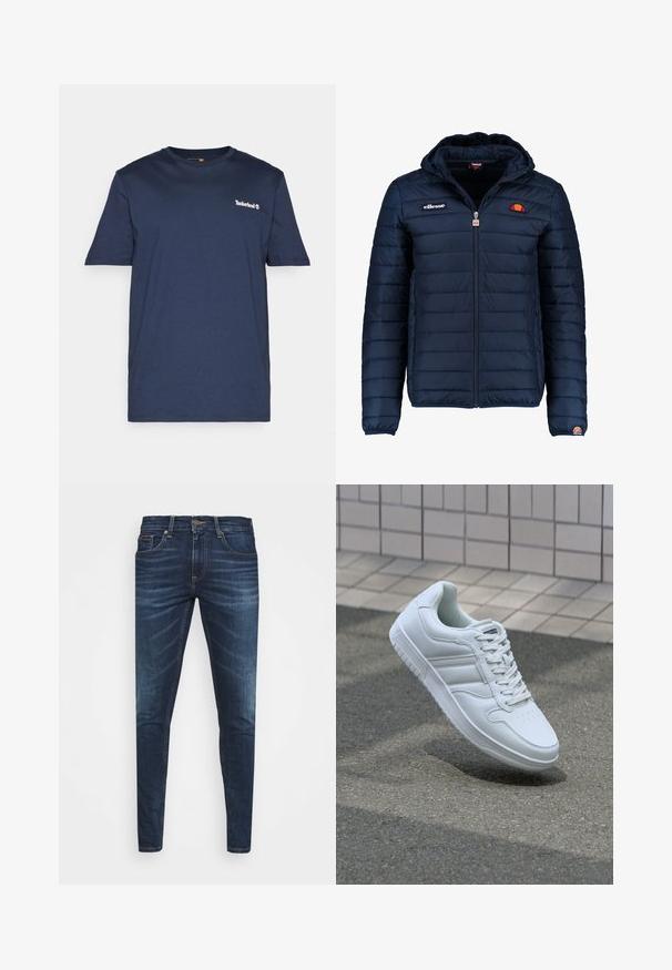 Tummansininen puhvitakki, jossa on huppu, vetoketjukiinnitys, kanavapistoilu ja logoteemaiset yksityiskohdat rinnassa ja hihassa. Pehmeä, teksturoitu kangas.; Timberland SMALL LINEAR LOGO PRINT TEE - Printtipaita - dark sapphire; Tummansiniset farkut, joissa on slim fit -leikkaus, hienovarainen haalistuma, viisi taskua ja metallinen napitus. Kontrastiväriset ompeleet.; Valkoiset urheilukengät, joissa on sileä nahkapinta, nauhakiinnitys edessä, rei'itetty kärki ja kuvioitu pohja. Minimalistinen muotoilu, jossa on kolme sivuraitaa.