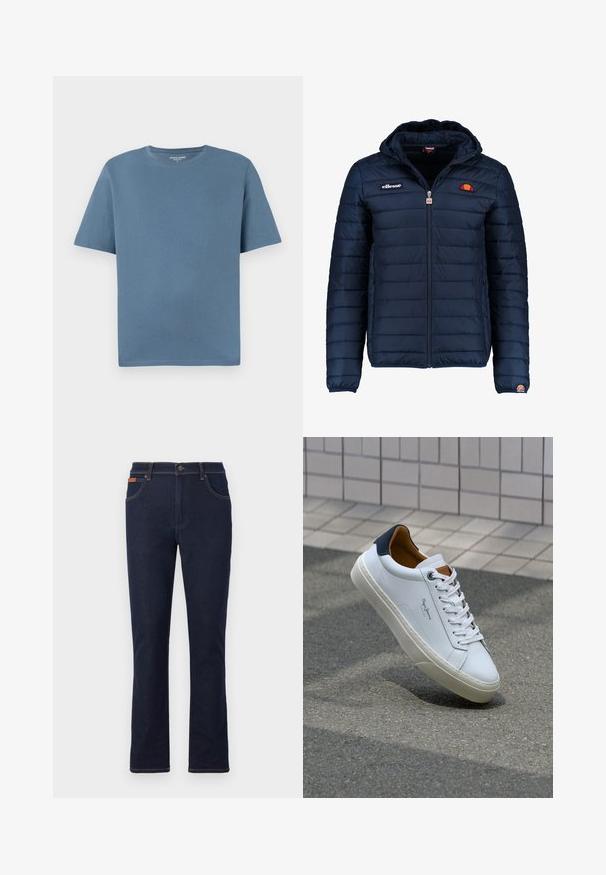 Mornaricnoplava pufasta jakna s kapuljačom, zatvaranje na zip, kanalno šivanje i akcenti s logom na prsima i rukavu. Mekani, teksturirani materijal.; T-shirt kratkih rukava s okruglim izrezom od mekog plavog pamuka. Ima ležeran kroj i detalje šivenog rubnog završetka. Nema uzoraka niti dodatnih akcenta.; Tamno plave traperice s ravnim krojem nogavica, s narančastim šavovima, pet džepova i kopčanjem na gumbe u struku.; Bijela kožna tenisica s mornarskom petom, okruglim vrhom i kontrastnim smešnim akcentima. Sadrži ravne vezice i teksturiranu gumenu potplat.