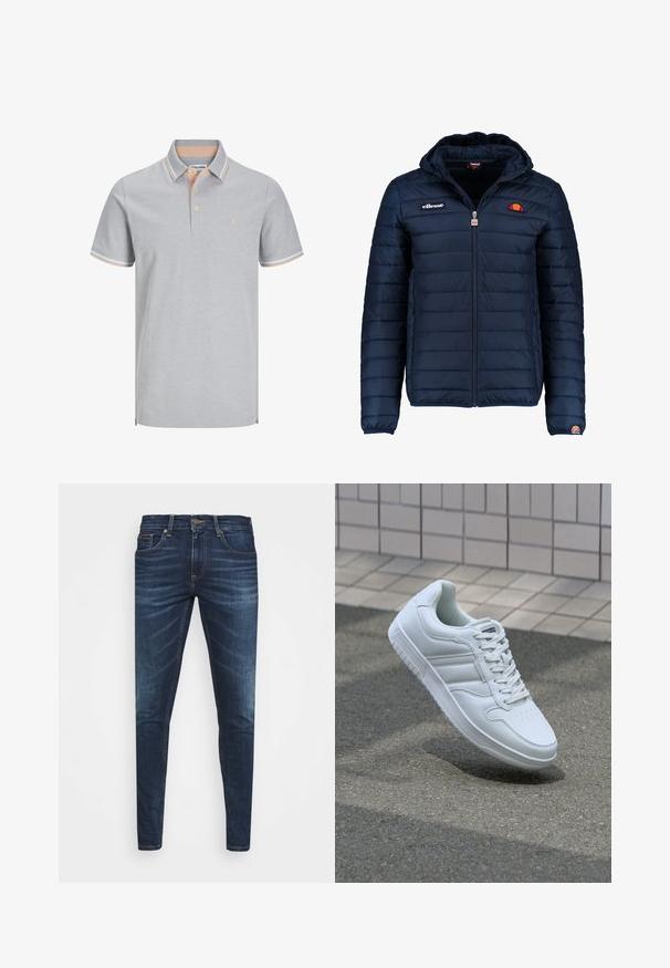 Temno modra napihnjena jakna s kapuco, z zadrgo, kanalnim šivom in logotipom na prsih in rokavu. Mehka, teksturirana tkanina.; Svetlo siva polosrajca s ovratnikom, dvema gumboma in kontrastnimi breskevasto obarvanimi črtami na ovratniku in rokavih. Preprost logotip kot dodatek.; Temno modri kavbojke ozkega kroja, s subtilnim bledenjem, petimi žepi in kovinskim zapiranjem na gumb. Oštrikanje z akcenti v kontrastni barvi.; Bela atletska teniska obutev z gladkim usnjenim zgornjim delom, vezanjem spredaj, perforiranim prstom in vzorčastim podplatom. Minimalistična zasnova s tremi stranskimi črtami.