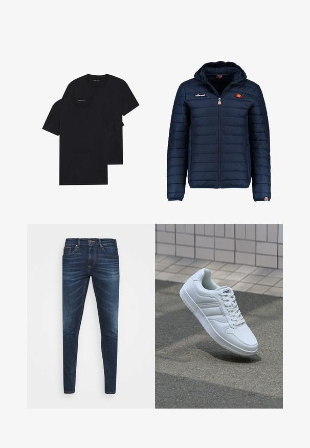 Námornícky modrá prešívaná bunda s kapucňou, zipsom, kanálovým prešívaním a logovými akcentmi na hrudi a rukáve. Mäkkučká, textúrovaná tkanina.; Dvé čierne tričká s okrúhlym výstrihom naskladané na sebe. Vyrobené z jemnej bavlny, s krátkymi rukávmi, jednoduchý dizajn bez viditeľných vzorov alebo ozdôb.; Tmavomodré džíny s úzkym strihom, jemným opotrebovaním, piatimi vreckami a kovovým zapínaním. Šité akcenty v kontrastnej farbe.; Biele atletické tenisky s hladkým koženým zvrškom, šnurovaním vpredu, perforovanou špičkou a vzorovanou podrážkou. Minimalistický dizajn s tromi bočnými pruhmi.