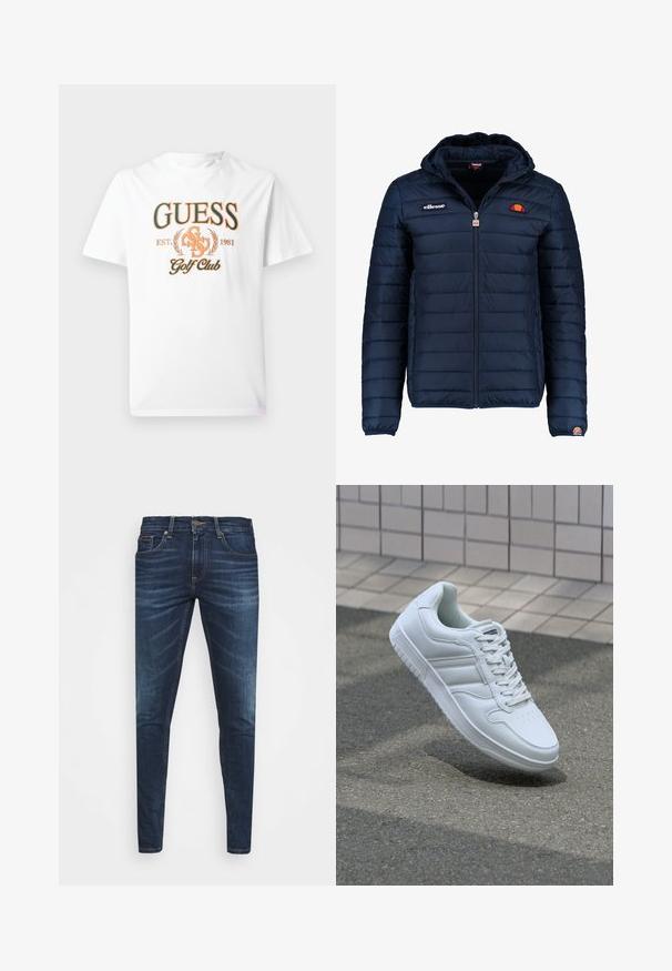 Marineblauwe gewatteerde jas met een capuchon, ritsluiting, kanalenstiksel en logoaccenten op de borst en mouw. Zachte, gestructureerde stof.; Witte katoenen t-shirt met een oranje "GUESS Golf Club" graphic met laurieraccenten en oprichtingsjaar 1981. Standaard crew neck ontwerp.; Donkerblauwe denim jeans met een slim fit, subtiele vervaging, vijf zakken en een metalen knoopsluiting. Gestikte accenten in contrasterende kleur.; Witte sportsneaker met een glad leren bovenwerk, vetersluiting aan de voorkant, geperforeerde neus en een geprofileerde zool. Minimalistisch ontwerp met drie zijstrepen.
