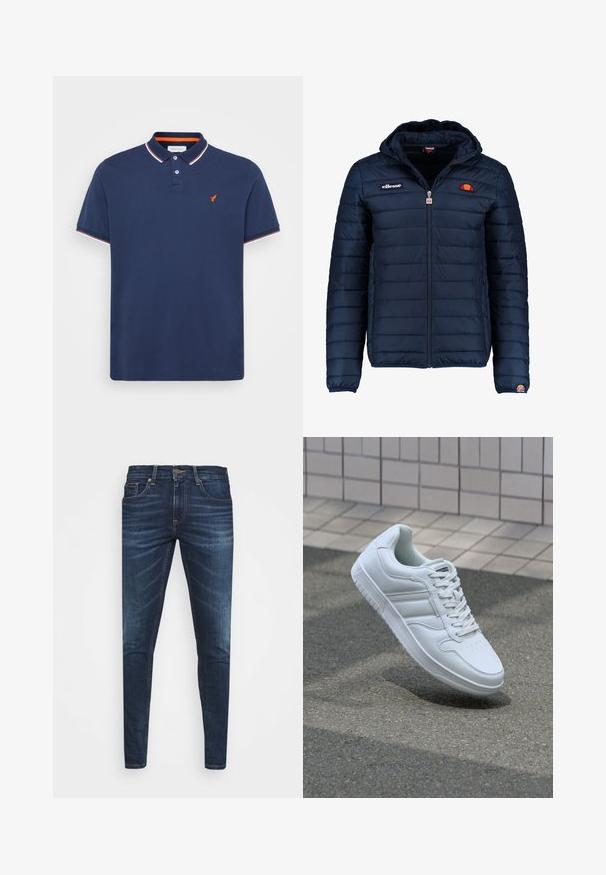 Marineblauwe gewatteerde jas met een capuchon, ritsluiting, kanalenstiksel en logoaccenten op de borst en mouw. Zachte, gestructureerde stof.; Marineblauwe poloshirt van katoen met een placket met twee knopen, korte mouwen en contrasterende rode en witte kraagafwerking. Bevat een klein oranje logo.; Donkerblauwe denim jeans met een slim fit, subtiele vervaging, vijf zakken en een metalen knoopsluiting. Gestikte accenten in contrasterende kleur.; Witte sportsneaker met een glad leren bovenwerk, vetersluiting aan de voorkant, geperforeerde neus en een geprofileerde zool. Minimalistisch ontwerp met drie zijstrepen.