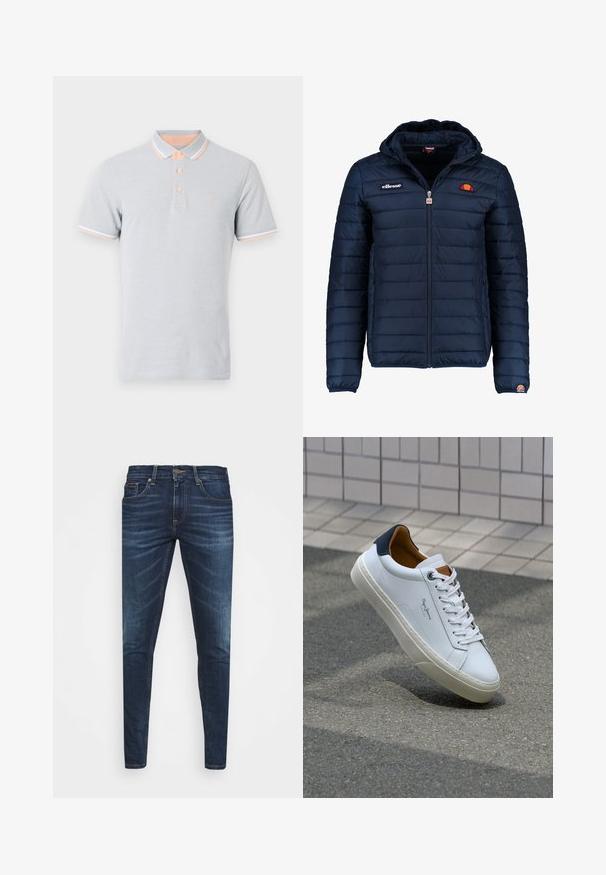 Granatowa kurtka puchowa z kapturem, zapinana na zamek, z przeszyciami w kształcie kanałów oraz akcentami loga na piersi i rękawie. Miękka, teksturowana tkanina.; Jasnoszara koszulka polo, krótki rękaw, brzoskwiniowy kołnierzyk i mankiety z białymi akcentami, trzy guziki, wyszywane logo na piersi.; Granatowe dżinsy o slim fit, delikatnym wyblaknięciu, pięciu kieszeniach i metalowym zapięciem. Haftowane akcenty w kontrastowym kolorze.; Białe skórzane trampki z granatowym piętkiem, okrągłym noskiem i kontrastowymi brązowymi akcentami. Posiadają płaskie sznurówki i teksturowaną gumową podeszwę.