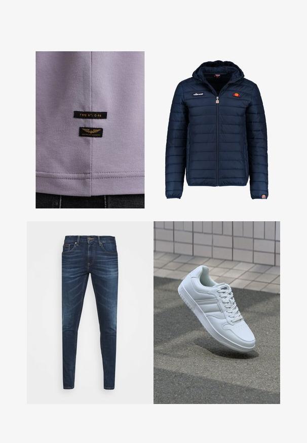 Tummansininen puhvitakki, jossa on huppu, vetoketjukiinnitys, kanavapistoilu ja logoteemaiset yksityiskohdat rinnassa ja hihassa. Pehmeä, teksturoitu kangas.; Laventelikangas-tion shirt, jossa on kangasrakennetta ja sivutunnisteita: yksi musta keltakirjaimilla "TYYPE N°: C-46" ja toinen, jossa lukee "AMERICAN CLASSIC."; Tummansiniset farkut, joissa on slim fit -leikkaus, hienovarainen haalistuma, viisi taskua ja metallinen napitus. Kontrastiväriset ompeleet.; Valkoiset urheilukengät, joissa on sileä nahkapinta, nauhakiinnitys edessä, rei'itetty kärki ja kuvioitu pohja. Minimalistinen muotoilu, jossa on kolme sivuraitaa.