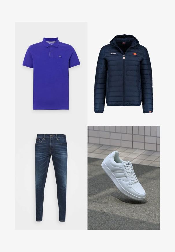 Veste matelassée bleu marine avec capuche, fermeture zippée, coutures en canaux et accents de logo sur la poitrine et la manche. Tissu doux et texturé.; Polo en coton violet foncé, présentant un col à deux boutons, des manches courtes et un petit logo sur la poitrine gauche. Texture douce.; Jean en denim bleu foncé avec une coupe slim, décoloration subtile, cinq poches et une fermeture à bouton en métal. Accents cousus dans une couleur contrastante.; Baskets blanches de sport avec une tige en cuir lisse, un laçage à l'avant, une pointe perforée et une semelle à motifs. Design minimaliste avec trois bandes latérales.