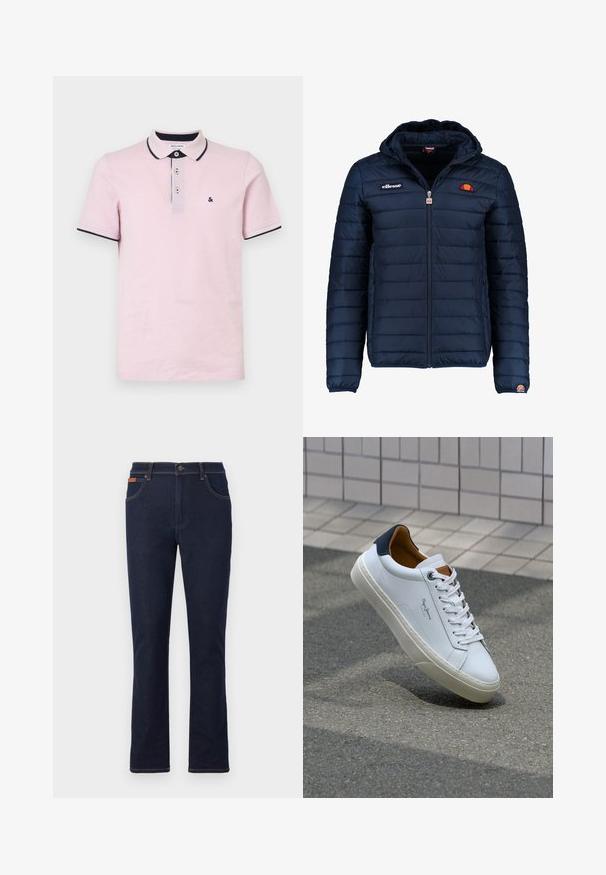 Tamsiai mėlynas pūkinis švarkas su gobtuvu, užtrauktuku, kanalų siuvimu ir logotipo akcentais krūtinėje bei rankovėje. Minkšta, tekstūruota medžiaga.; Šviesiai rožinė polo marškinėlių su medvilne, turinčia tris sagas, tamsiai mėlyną apykaklę ir rankoves, taip pat mažą išsiuvinėtą logotipą.; Tamsiai mėlyni džinsai su tiesiu kirpimu, turintys oranžinę siuvimo ornamentiką, penkias kišenes ir sagos užsegimą juosmens srityje.; Balti odiniai sportbačiai su mėlynu kulnu, apvalia nosimi ir kontrastingais rudais akcentais. Aptakios raišteliai ir tekstūruota guma.
