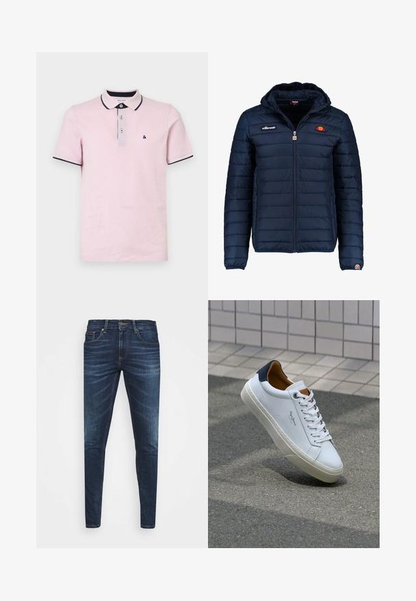 Tummansininen puhvitakki, jossa on huppu, vetoketjukiinnitys, kanavapistoilu ja logoteemaiset yksityiskohdat rinnassa ja hihassa. Pehmeä, teksturoitu kangas.; Vaaleanpunainen puuvillapolo-paita, jossa on kolme nappia napituksessa, tummansiniset reunat kauluksessa ja hihoissa sekä pieni brodeerattu logo.; Tummansiniset farkut, joissa on slim fit -leikkaus, hienovarainen haalistuma, viisi taskua ja metallinen napitus. Kontrastiväriset ompeleet.; Valkoinen nahkakenkä, jossa on tummansininen kantapää, pyöreä kärki ja ristikkäiset ruskeat korostukset. Varustettu tasapaksuilla nauhoilla ja teksturoidulla kumipohjalla.