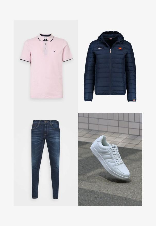 Dunkelblaue Daunenjacke mit Kapuze, Reißverschluss, Kastensteppnähten und Logo-Akzenten auf der Brust und dem Ärmel. Weicher, strukturierter Stoff.; Helles rosa Poloshirt aus Baumwolle, mit einem Drei-Knopf-Verschluss, einem navyblauen Kragen sowie Ärmelabschlüssen und einem kleinen gestickten Logo.; Dunkelblaue Jeans im Slim Fit mit subtiler Verwaschung, fünf Taschen und einem Metallknopfverschluss. Genähte Akzente in kontrastierender Farbe.; Weiße sportliche Sneaker mit Obermaterial aus glattem Leder, Schnürfront, durchlöchtem Zehenbereich und gemusterter Sohle. Minimalistisches Design mit drei Seitenstreifen.