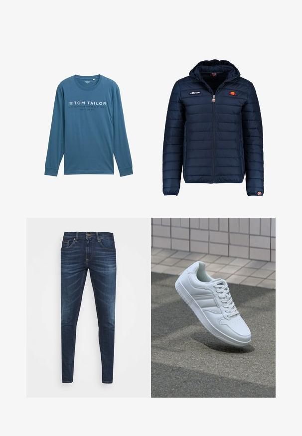 Tamsiai mėlynas pūkinis švarkas su gobtuvu, užtrauktuku, kanalų siuvimu ir logotipo akcentais krūtinėje bei rankovėje. Minkšta, tekstūruota medžiaga.; Ilga rankovė teal spalvos marškinėliai pagaminti iš minkštos medvilnės su apvaliu kaklu, kuriuose yra balti užrašai "TOM TAILOR AUTHENTIC DENIM DEPARTMENT."; Tamsiai mėlynos džinsinės kelnės su liesu siluetu, subtiliu nusidėvėjimu, penkiomis kišenėmis ir metaliniu mygtuku užsegimui. Įsiūtos akcentai kontrastinga spalva.; Baltos sportinės kedai su lygaus odos viršumi, raišteliais priekyje, perforuotu kojų pirštu ir raštuotu padu. Minimalistinis dizainas su trimis šoninėmis juostelėmis.