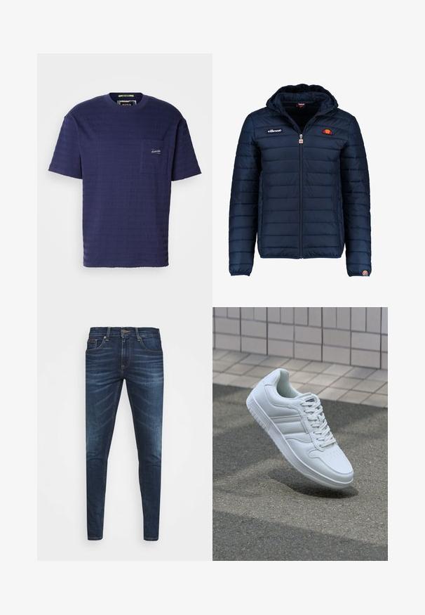 Tummansininen puhvitakki, jossa on huppu, vetoketjukiinnitys, kanavapistoilu ja logoteemaiset yksityiskohdat rinnassa ja hihassa. Pehmeä, teksturoitu kangas.; T-paita tummansinisestä kankaasta, lyhythihainen, jossa on teksturoitu pinta, vaakasuorat raidat ja pieni rintatasku logolla.; Tummansiniset farkut, joissa on slim fit -leikkaus, hienovarainen haalistuma, viisi taskua ja metallinen napitus. Kontrastiväriset ompeleet.; Valkoiset urheilukengät, joissa on sileä nahkapinta, nauhakiinnitys edessä, rei'itetty kärki ja kuvioitu pohja. Minimalistinen muotoilu, jossa on kolme sivuraitaa.