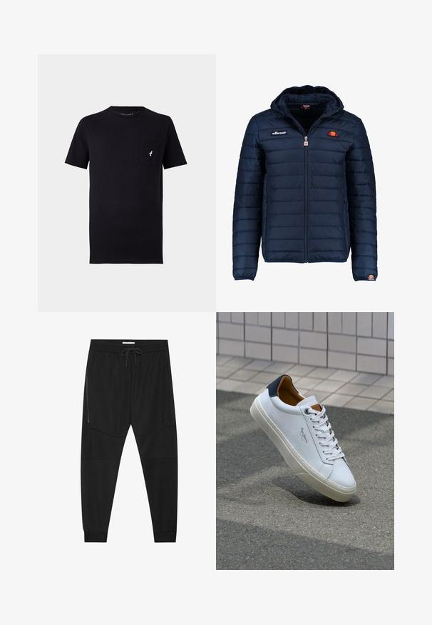 Marineblauwe gewatteerde jas met een capuchon, ritsluiting, kanalenstiksel en logoaccenten op de borst en mouw. Zachte, gestructureerde stof.; Zwarte katoenen T-shirt met korte mouwen, ronde hals en een borstzak met een klein wit vogel-logo. Zachte textuur en eenvoudig ontwerp.; Zwarte sportbroeken van textuurstof, met een verstelbare tailleband, een ritssluiting opzij en tapered boorden.; Witte leren sneaker met een marineblauwe hiel, ronde neus en contrasterende bruin accent. Beschikt over platte veters en een gestructureerde rubberen zool.
