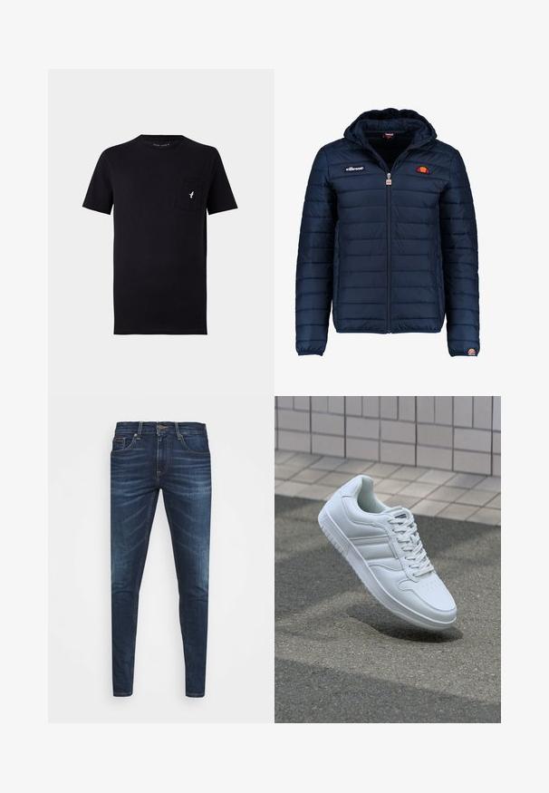 Námořnická modrá péřová bunda s kapucí, zipovým zapínáním, prošívaným vzorem a logem na hrudi a rukávu. Měkká, texturovaná látka.; Černé bavlněné tričko s krátkým rukávem, kulatým výstřihem a přední kapsou, na které je malé bílé logo ptáčka. Měkká textura a jednoduchý design.; Tmavě modré džíny z denimu s úzkým střihem, jemným vyblednutím, pěti kapsami a kovovým zapínáním na knoflík. Šité akcenty v kontrastní barvě.; Bílé sportovní tenisky s hladkým koženým svrškem, šněrovacím předním dílem, perforovanou špičkou a vzorovanou podrážkou. Minimalistický design se třemi bočními pruhy.